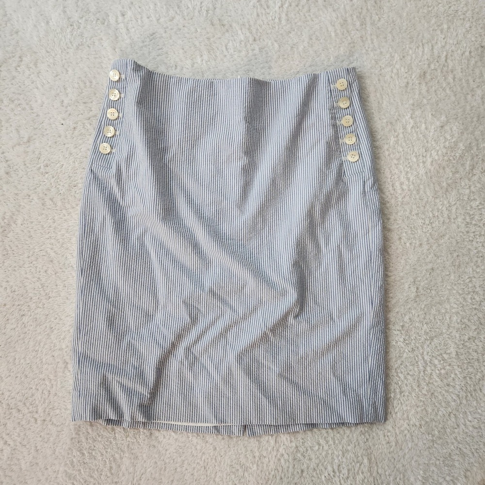 Talbots Womens Blue White Seersucker Striped Nautical Button Pencil Skirt 12
